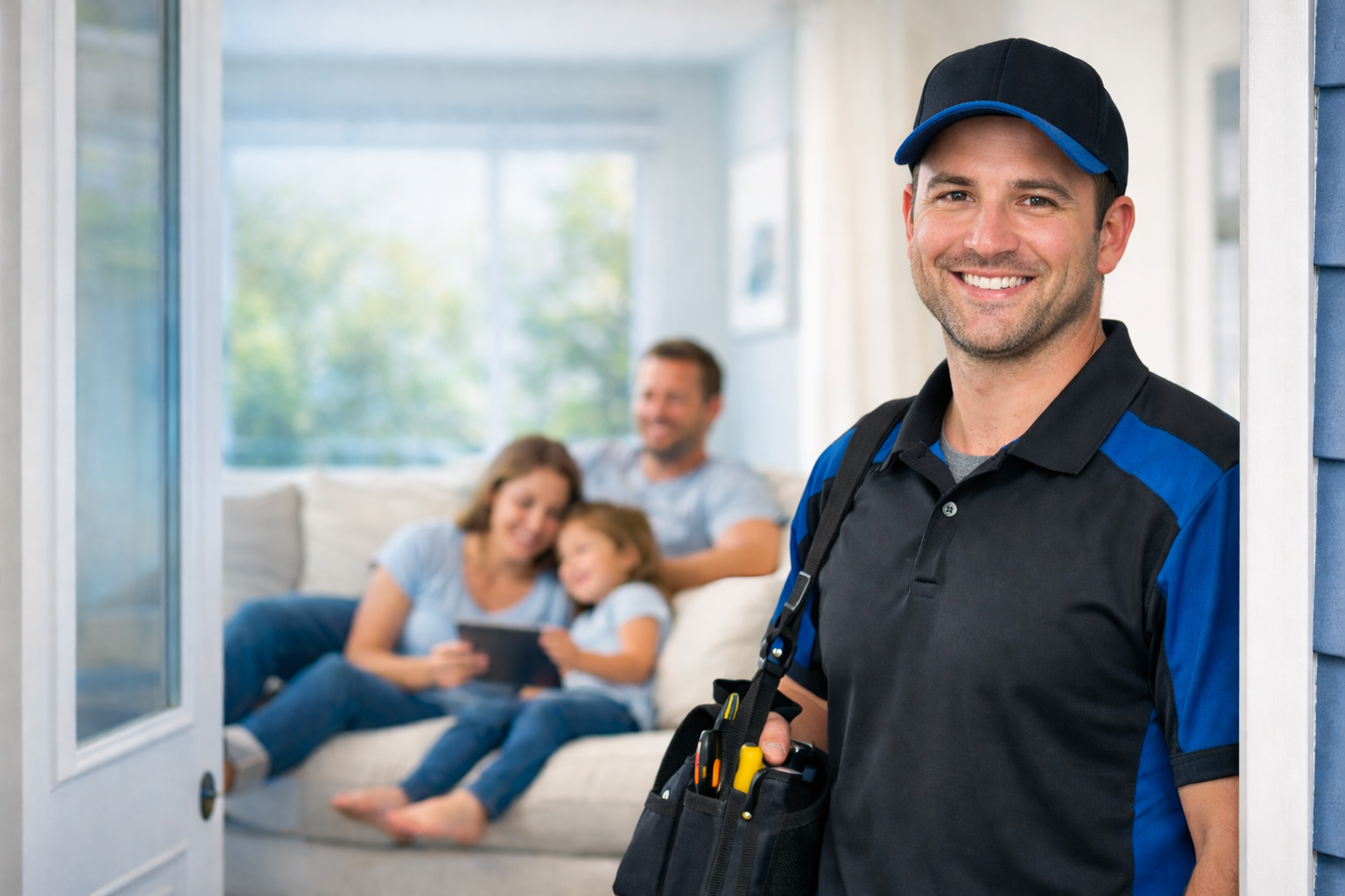 Smiling HVAC technician with family comfortable at home